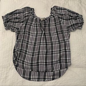 LOFT Black and White plaid V Neck Blouse Size Large